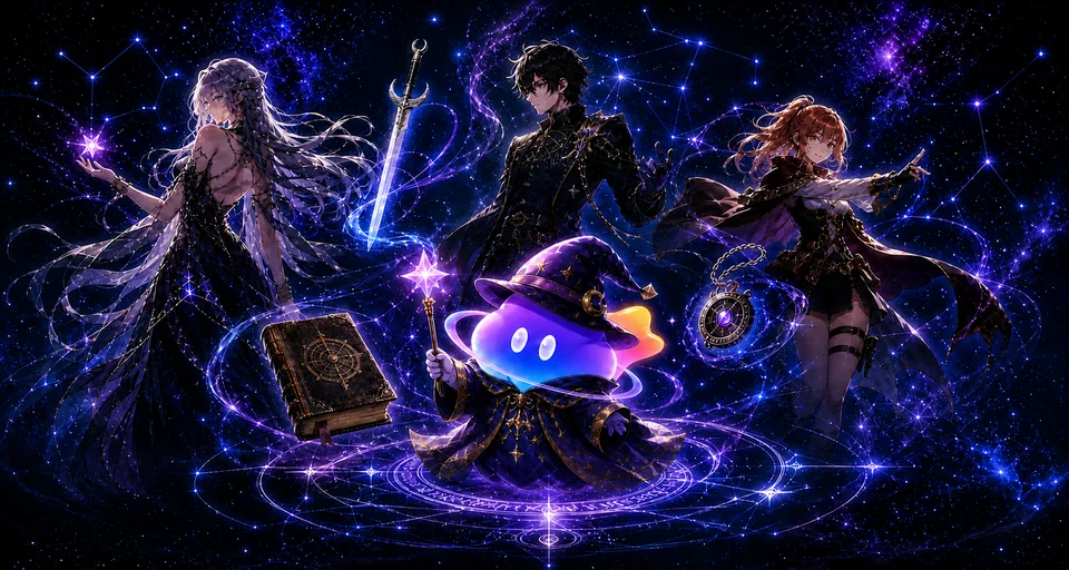 Fantasy character cast and magical props under a starry sky