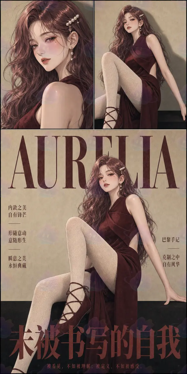 主角以从容而有力量的姿态坐在虚构时尚刊 AURELIA