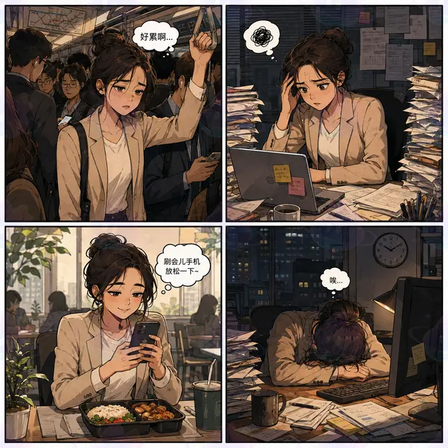 拥挤地铁上的疲惫通勤、面对电脑和文件堆的茫然工作、午餐时刷手