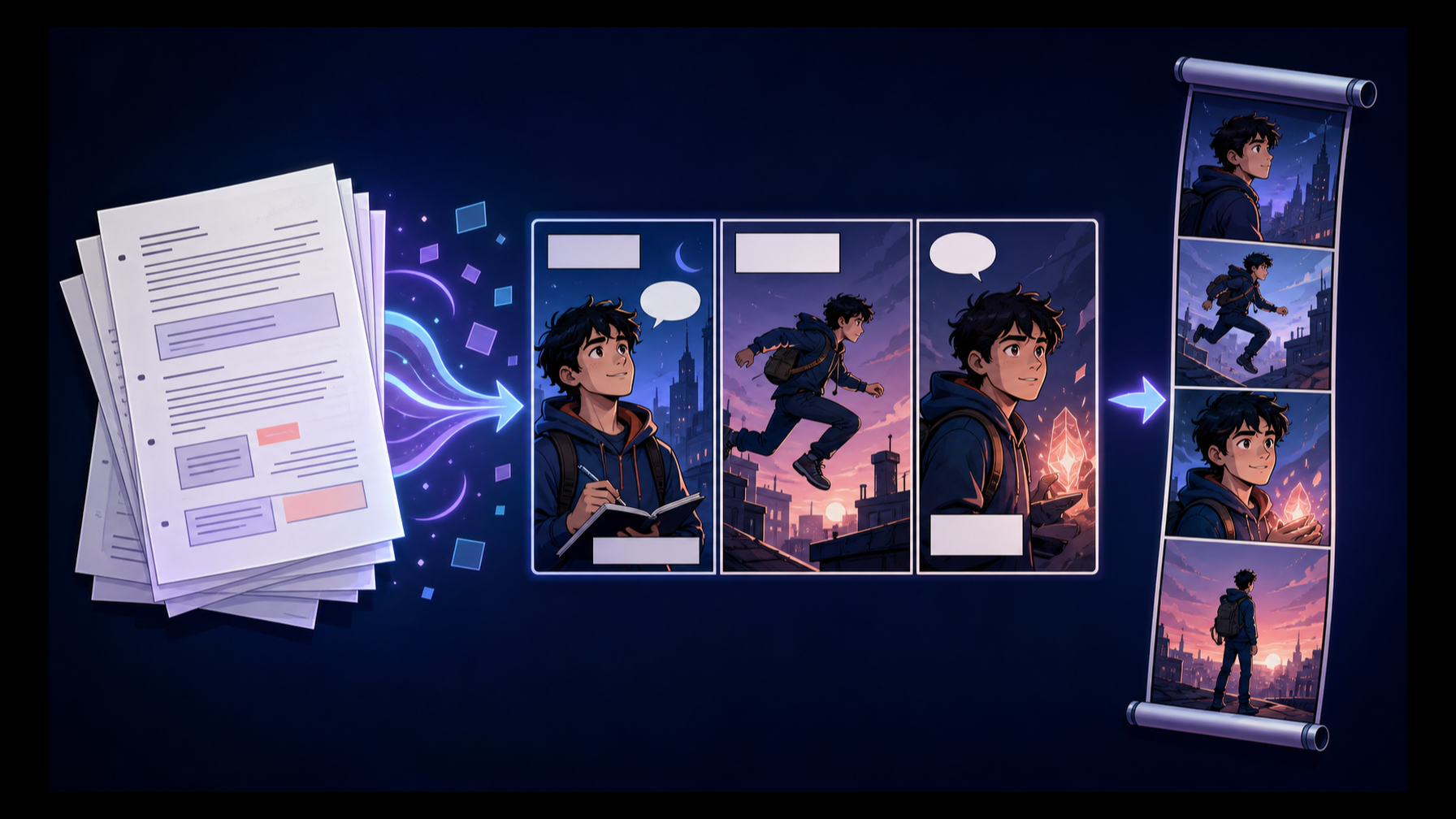 A text script becoming connected comic panels with one recurring character