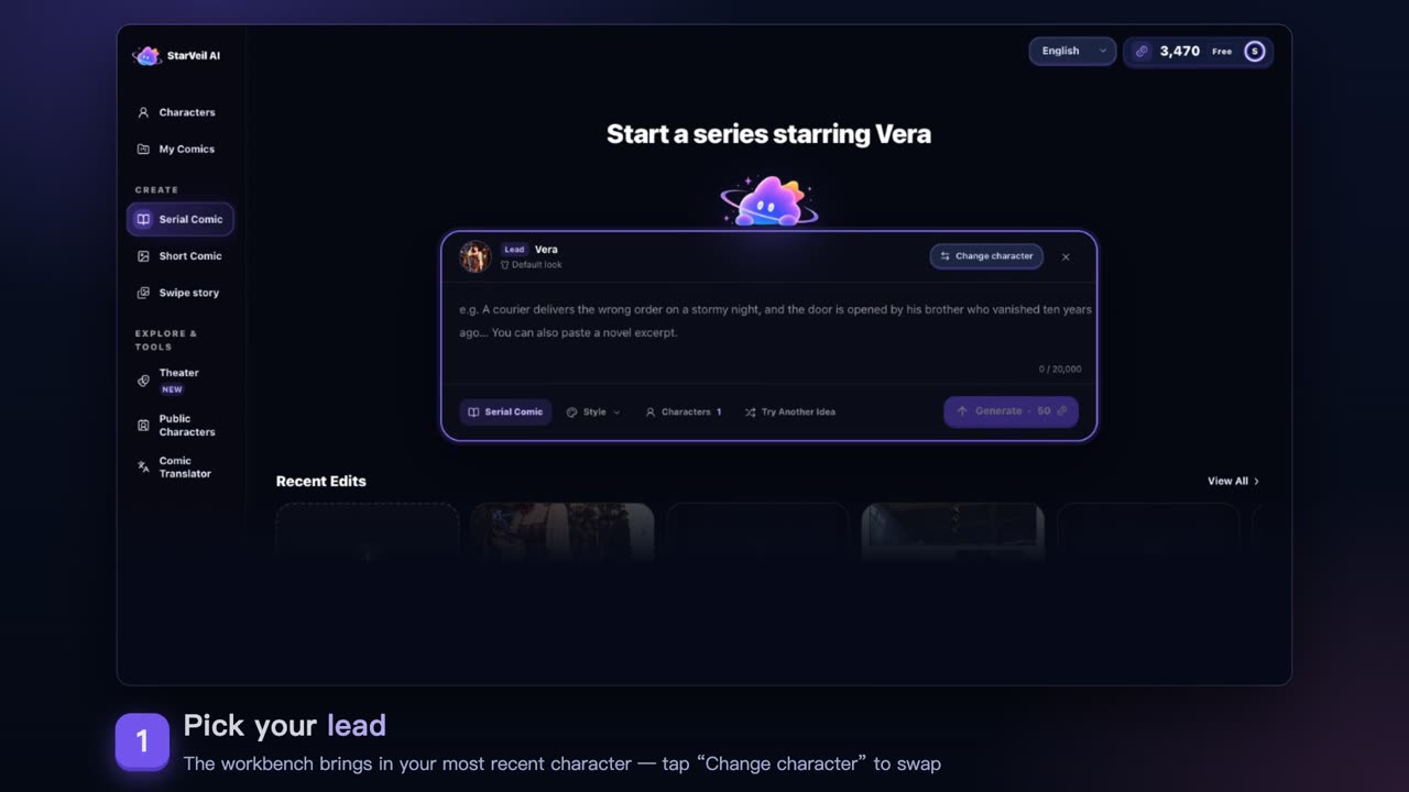 StarVeil AI workbench with Serial Comic, Short Comic and Swipe story in the sidebar and a lead character selected above the story box