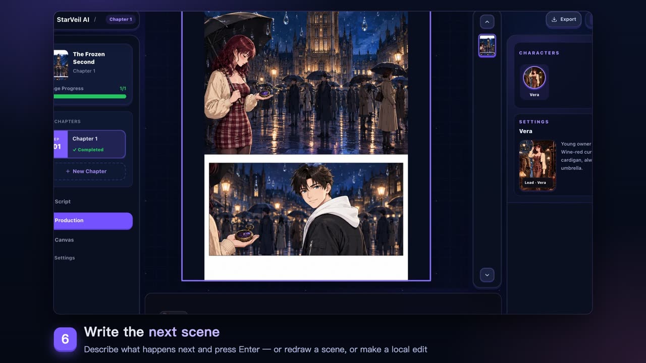 StarVeil AI Studio showing a completed chapter with a new scene below it, a characters panel on the right, and the caption Write the next scene