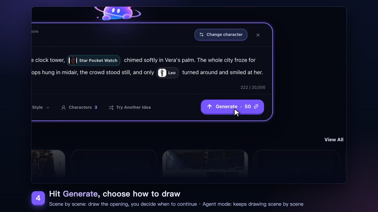StarVeil AI story box with character and prop mentions inside the text, the Characters counter showing 3, and the Generate button
